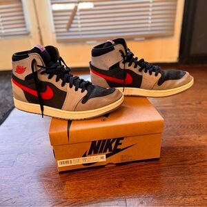 Jordan Men's Black and Gray Sneakers with Red Accents